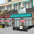 Vibrant Commercial Street With Colorful Awnings Shopfronts Outdoor Seating Pink Umbrellas And Pedestrians