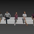 Five People Sitting Casually on White Bench Against Gray Background 3d model