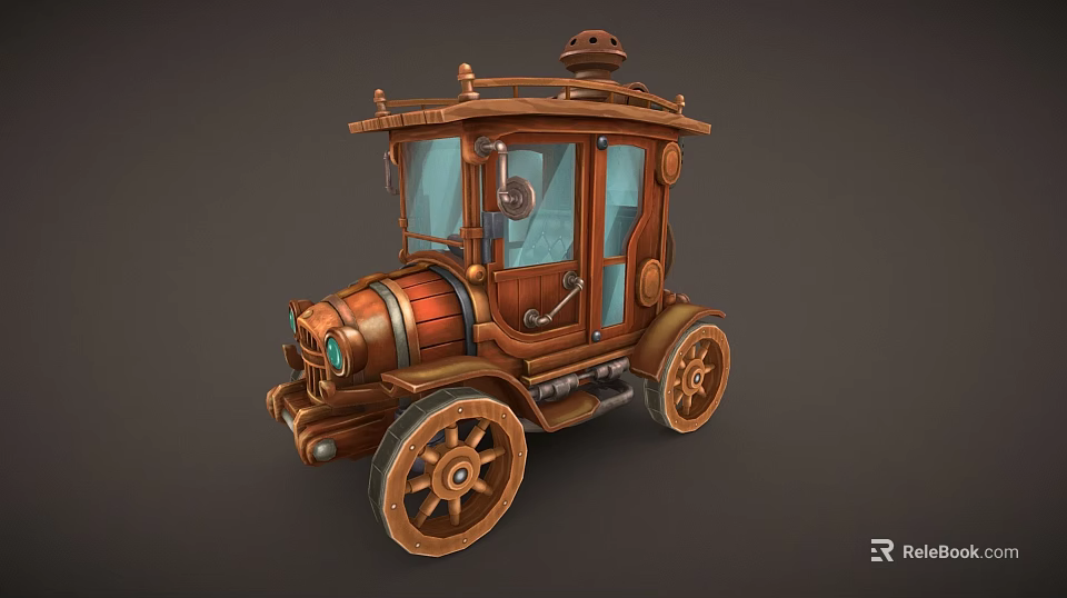 Vintage Steampunk Carriage with Wooden Body Large Wheels and Blue Windows 3d model 