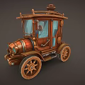 Vintage Steampunk Carriage with Wooden Body Large Wheels and Blue Windows