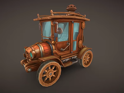 Vintage Steampunk Carriage with Wooden Body Large Wheels and Blue Windows 3d model
