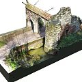 Ancient Ruined Architectural Structure With Archway Brick Walls Stone Path And Water