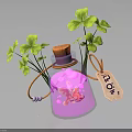 Decorative Glass Bottle With Orange Cap Pink Liquid Green Clover Leaves Lemon Tag White Beads