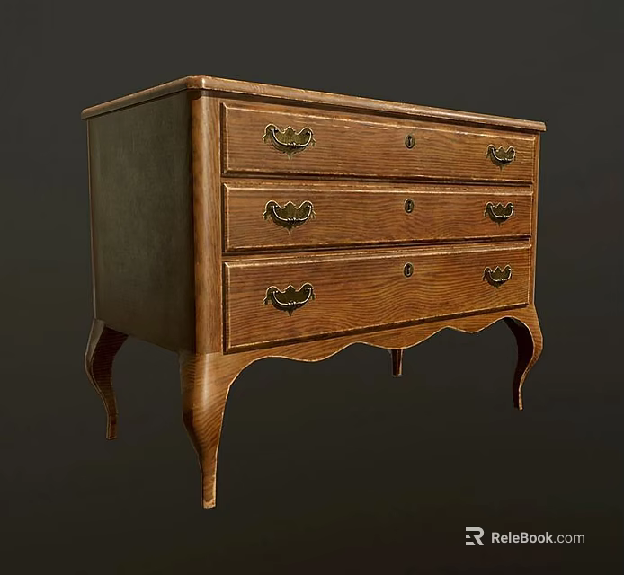 Vintage Wooden Console Table With Three Drawers Metal Handles And Curved Legs 3d model 