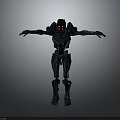 Mechanical Robot Character With Armored Exoskeleton Glowing Red Eyes And Outstretched Arms On Gray Background