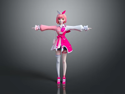 Cute Child Cartoon Girl in Pink Dress with Cat Ears and Outstretched Arms 3d model