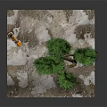 Cartoon Scene With Turquoise Tree Motorcycle On Rocky Platform And Red Fragments
