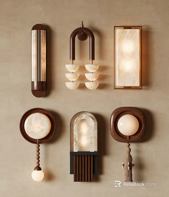 Stylish Modern Wall Lamps with Wooden Frames Marble Shades and Tassel Details 3d model 