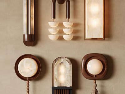 Stylish Modern Wall Lamps with Wooden Frames Marble Shades and Tassel Details 3d model