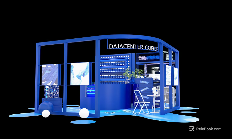 Modern Blue Coffee Kiosk With Display Shelves And Tables Chairs 3d model 