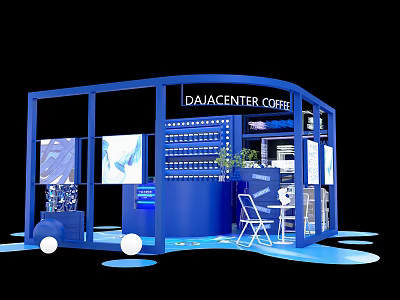 Modern Blue Coffee Kiosk With Display Shelves And Tables Chairs 3d model