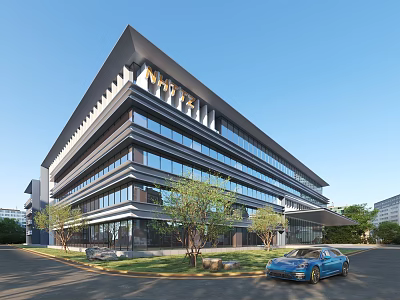 Modern Multistorey Office Building Exterior With Glass Curtain Wall Greenery And Parked Car 3d model