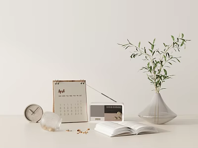 Decorative Ornament Set With Calendar Clock Glass Ball Radio Vase Green Plant And Open Book 3d model