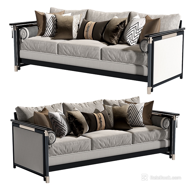 Modern Three Seater Sofa With Gray Fabric Cushions And Black Metal Frame 3d model 
