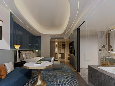 Modern Hotel Guest Room Interior With Comfortable Bed Blue Sofa And Patterned Rug 3d model