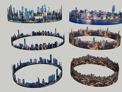 Circular Urban Garden Landscape with Skyscrapers Water Views Day Night Scenes 3d model
