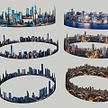 Circular Urban Garden Landscape with Skyscrapers Water Views Day Night Scenes