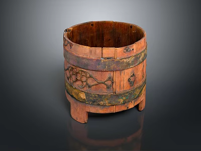 Vintage Wooden Barrel Storage Container With Grape Carvings Metal Hoops And Wooden Legs 3d model
