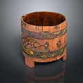 Vintage Wooden Barrel Storage Container With Grape Carvings Metal Hoops And Wooden Legs
