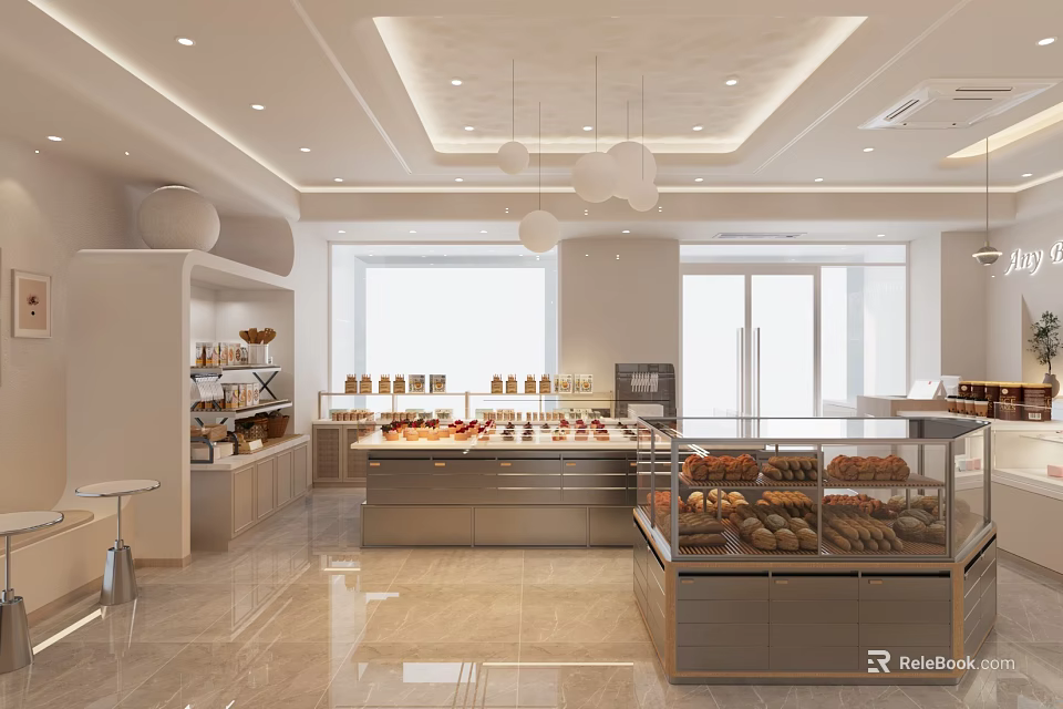 Bright Modern Dessert Shop Interior With Glass Display Cases And Fresh Pastries 3d model 