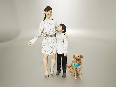Joyful Mother and Son Standing with Pet Dog in Simple Indoor Setting 3d model