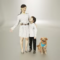 Joyful Mother and Son Standing with Pet Dog in Simple Indoor Setting