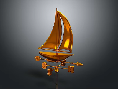 Golden Sailboat Weather Vane With Directional Arrows And Decorative Design 3d model