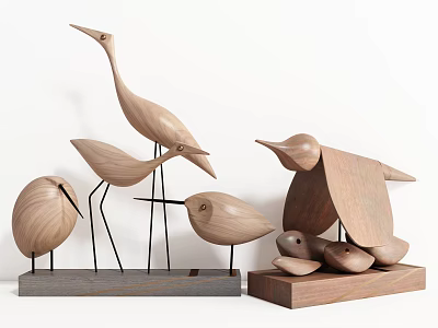 Wooden Bird Shaped Decorative Ornament Set With Various Designs And Stand Base 3d model