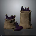Purple Eggplants In Burlap Bags With Some Scattered Around On Dark Background