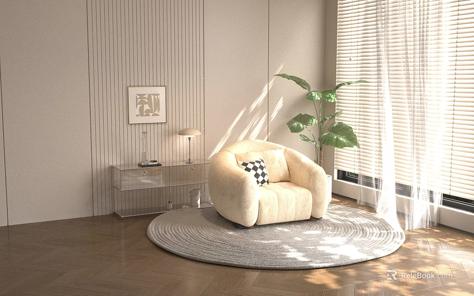 Modern Pantry Interior Design With Cozy Chair Round Rug Glass Side Table And Potted Plant 3d model 