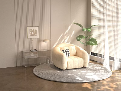 Modern Pantry Interior Design With Cozy Chair Round Rug Glass Side Table And Potted Plant 3d model