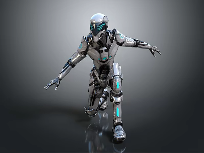 Silver Robot Game Movie Character in Dynamic Action Pose with Blue Glowing Parts 3d model