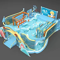 Kids Playground With Blue Water Wave Design Slide Climbing Frame And Cartoon Elements