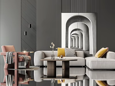 Modern Sofa Coffee Table Set With Light Gray Upholstery Yellow Pillows And Arch Mirror 3d model