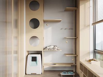 Cat Friendly Home Balcony with Circular Hole Cabinet Shelves Cat Litter Box and Pet Bowls 3d model