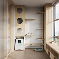 Cat Friendly Home Balcony with Circular Hole Cabinet Shelves Cat Litter Box and Pet Bowls