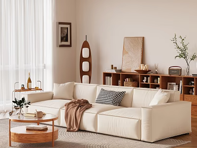 Cozy Living Room Sofa And Coffee Table Set With Throw Pillows Books And Decorative Plants 3d model