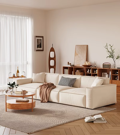 Cozy Living Room Sofa And Coffee Table Set With Throw Pillows Books And Decorative Plants 3d model