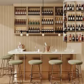 Modern Bar Interior With Gold Countertop Green Stools Pendant Lights Wine Racks And Bottles