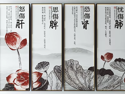 Traditional Chinese Medicine Health Scroll Paintings With Calligraphy Lotus And Emotion Organ Concepts 3d model
