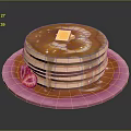 Delicious Stack of Pancakes with Butter Syrup and Fresh Strawberry on Pink Plate
