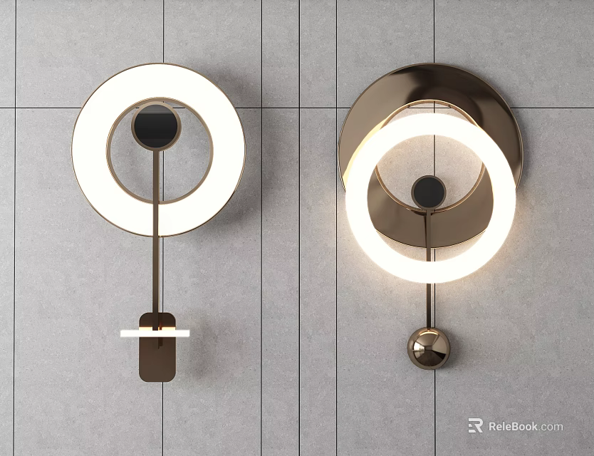 Modern Style Wall Lamps With Circular Illuminated Rings And Metal Bases On Tile Wall 3d model 