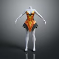 Fitted Cocktail Dress With Red And Yellow Patterns And Black Hem Design Details