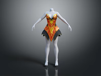 Fitted Cocktail Dress With Red And Yellow Patterns And Black Hem Design Details 3d model