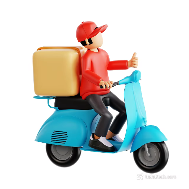 Man Riding Blue Scooter With Red Shirt Cap And Yellow Package Giving Thumbs Up 3d model 