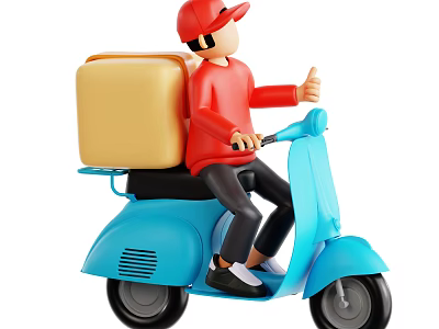 Man Riding Blue Scooter With Red Shirt Cap And Yellow Package Giving Thumbs Up 3d model