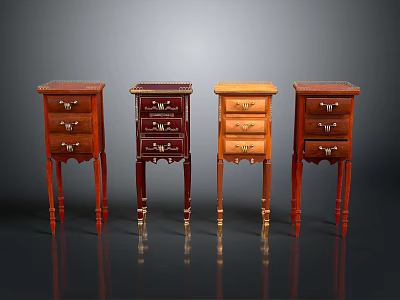 Four Different Colored Small Wooden Cabinets With Drawers And Slender Legs On Dark Background 3d model