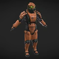Detailed Futuristic Armored Character With Orange Exoskeleton And Green Glowing Eyes 3d model