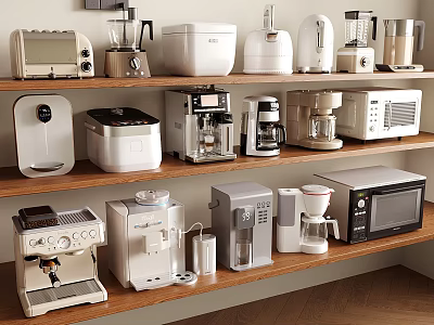 Assorted Kitchen Appliances Displayed On Wooden Shelves In Modern Kitchen 3d model