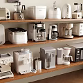 Assorted Kitchen Appliances Displayed On Wooden Shelves In Modern Kitchen